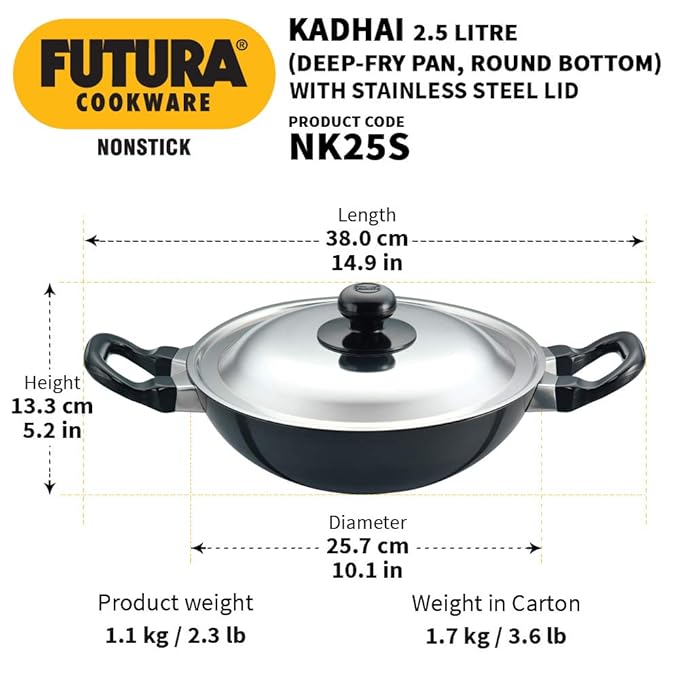 Hawkins Futura Nonstick Kadhai 2.5 L, 26 cm, 3.25 mm with SS lid (Black)