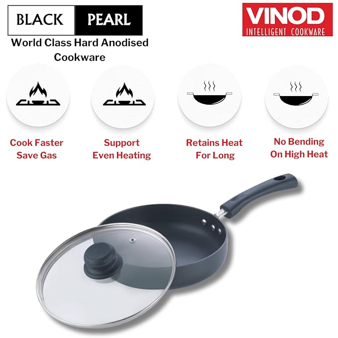 Vinod Black Pearl Hard Anodised Deep Frypan with Glass Lid - 1.8 Litres |  22cm | 3.25mm Thick | Skillet Pan