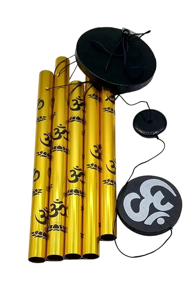 Tej Gifts Feng Shui Metal Wind Chime with OM Symbol – 5 Pipes Golden Hanging Bells