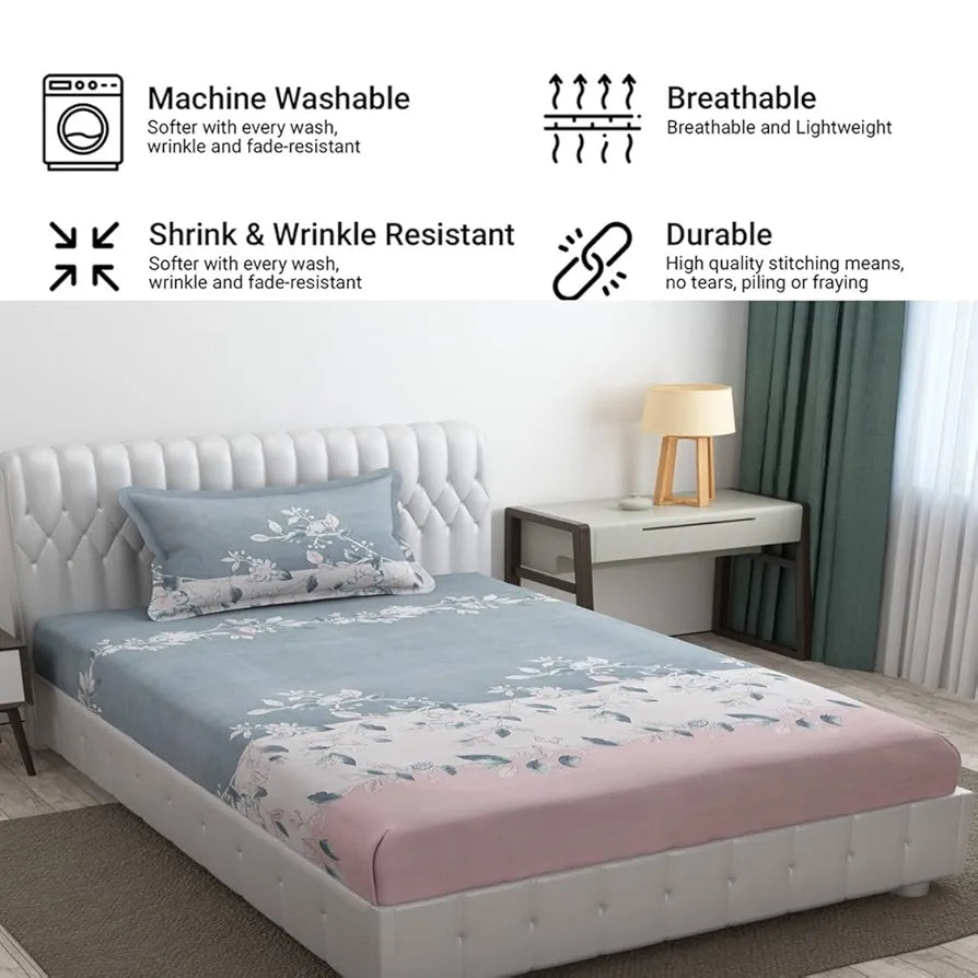 Fresh From Loom Microfiber Single Bedsheet For Single Bed Hypo-Allergenic Floral Design Bed Spread 1 Pillow Covers Included 144 TC Walnut Grey