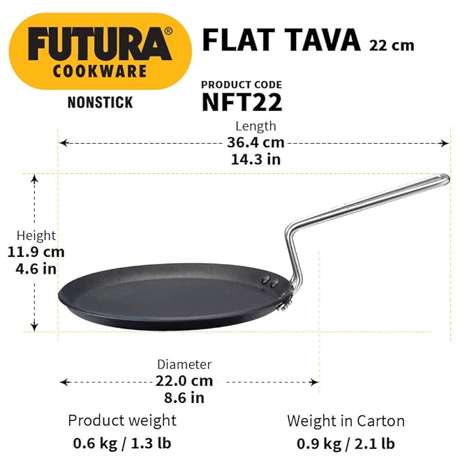 Hawkins Futura Nonstick Flat Tava Stainless Steel Handle,Tawa with Rim, Pancake Pan Flat Pan Black