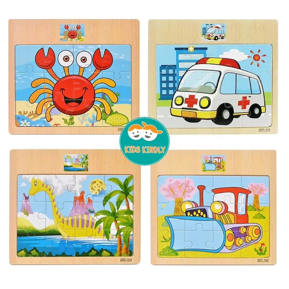KIDS KINDLY Wooden 12 Piece Jigsaw Puzzle for Kids, Animals & Vehicle Theme Game, Promotes Fine Motor Skills, Improve Hand-Eye Coordination, Puzzle Game for Kids - 3 Years+  Random Design
