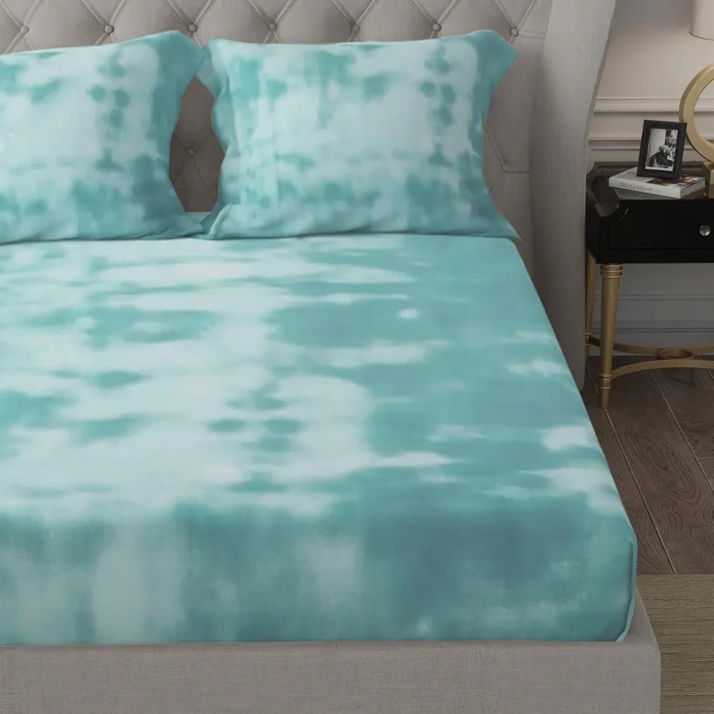 Cloth Fusion Glace Cotton Elastic 186tc Solid Fitted Bedsheet for Double Bed King Size with 2 Pillow Covers Tiedye Blue