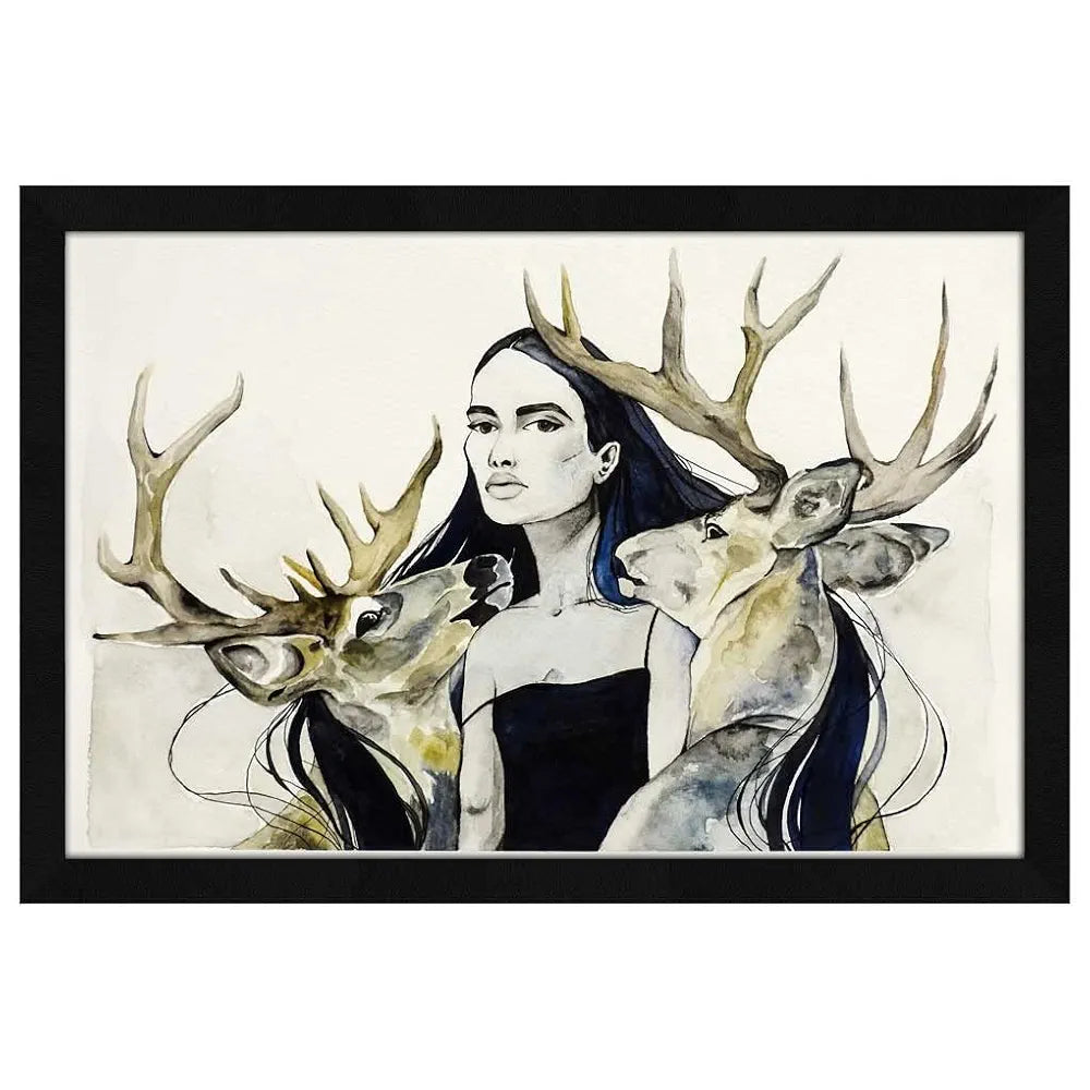 ArtX Paper Watercolor Stag Qween Framed Wall Art Painting Set of 1