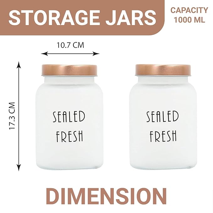 Femora Kitchen Storage Jars Frosted Glass Jar With Steel Lid Air Tight Jar | 1000 Ml | Pack of 4 | Golden Lid