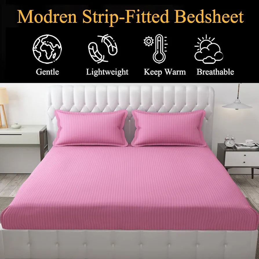Fresh From Loom 240 TC Satin Striped Elastic Fitted Bed Sheets Bed Covers King Size Bed with Two Pillow Cover Pink