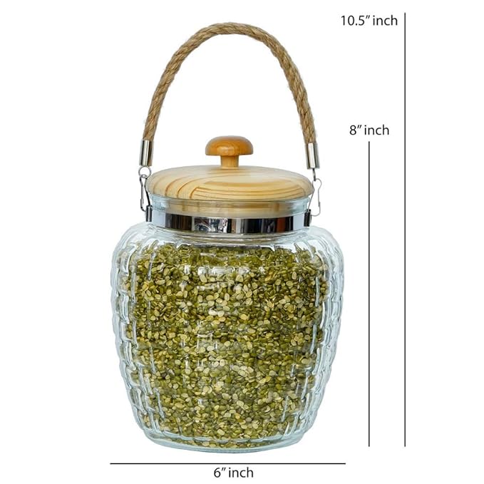 Femora Kitchen Storage Jars Embossed Glass Jar With Wooden Lid & Jute Chain Air Tight Jar | 2000 Ml | Pack of 1 Jar