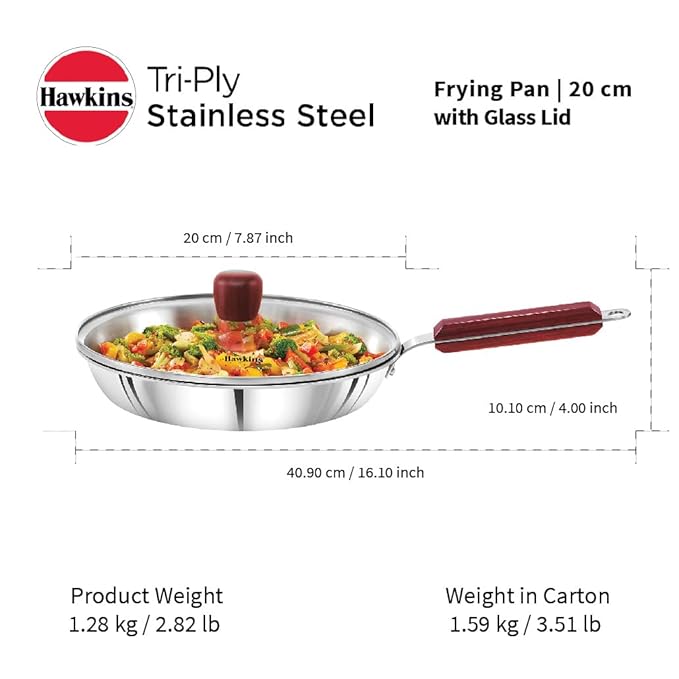 Hawkins 20 cm Frying Pan Triply Stainless Steel Fry Pan with Glass Lid