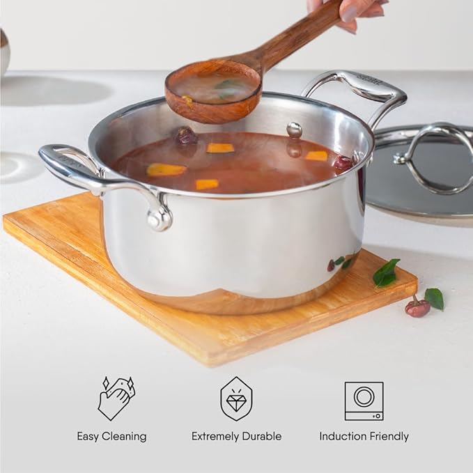 Stahl Artisan Triply Stainless Steel Sauce Pot/ Casserole With Lid | Induction Pot | Briyani Pot/ Handi | 2 L | 18 Cm