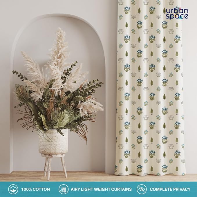 Urban Space Cotton Curtains for Door Set of 2 with Eyelets and TieBack (Colour Calico Blue)