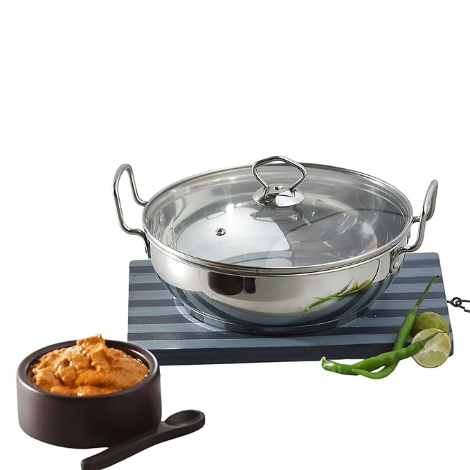 Vinod Stainless Steel Kadhai with Glass Lid - 1.7 Litre, 20cm | Extra Thick, SAS Heavy Bottom | Kadai for Cooking