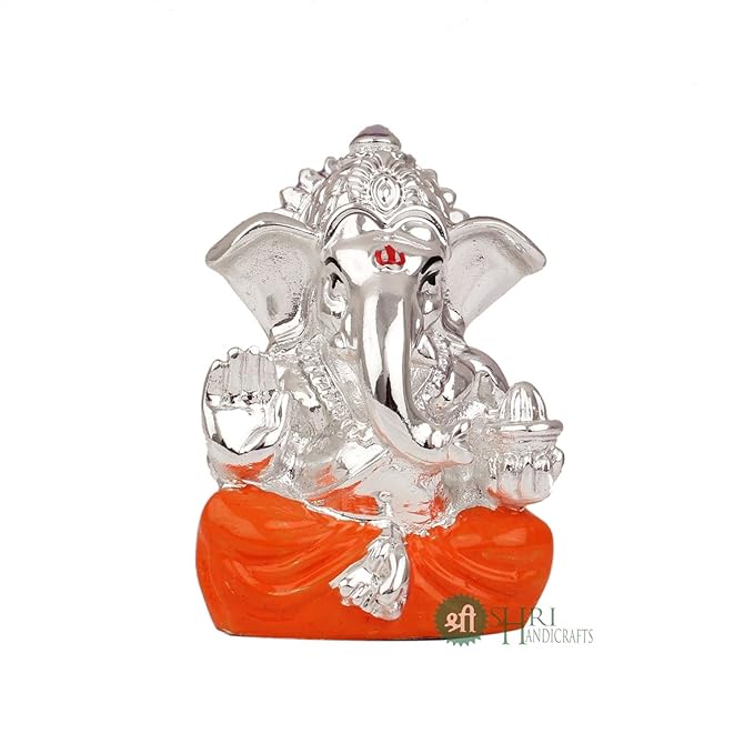 Indicast Hand Carved Silver Plated God Ganesha Resin Idol Sculpture Statue for Home & Office Decor & Gifts | Orange