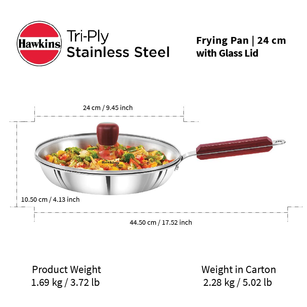 Hawkins 24 cm Frying Pan Triply Stainless Steel Fry Pan with Glass Lid