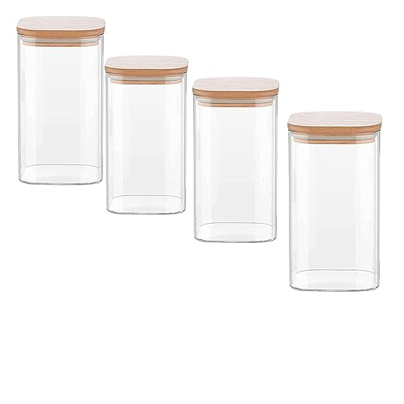 Femora Kitchen Storage Jars Borosilicate Glass Jar With Wooden Lid Air Tight Jar | 1000 Ml | Pack of 4