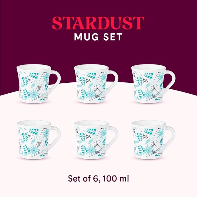 Larah by Borosil Crysta Series Stardust Opalware Mug | Set of 6 Tea/coffee Mugs | 100 Ml Each