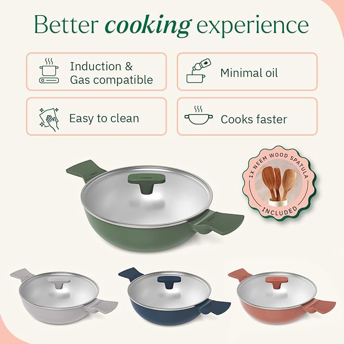 Ember Cookware Arcilla Ceramic Non Stick Kadai 24cm | Glass Lid | Matching Handles | Florence Series | Green