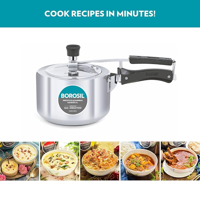 Borosil Presto Induction Base Inner Lid Aluminium Pressure Cooker, Silver | 2 Litres
