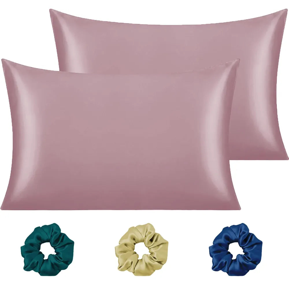 Cloth Fusion Satin Pillow Cover Set of 2 Perfect Pillow Case with 3 Satin Soft Scrunchies Rose Gold