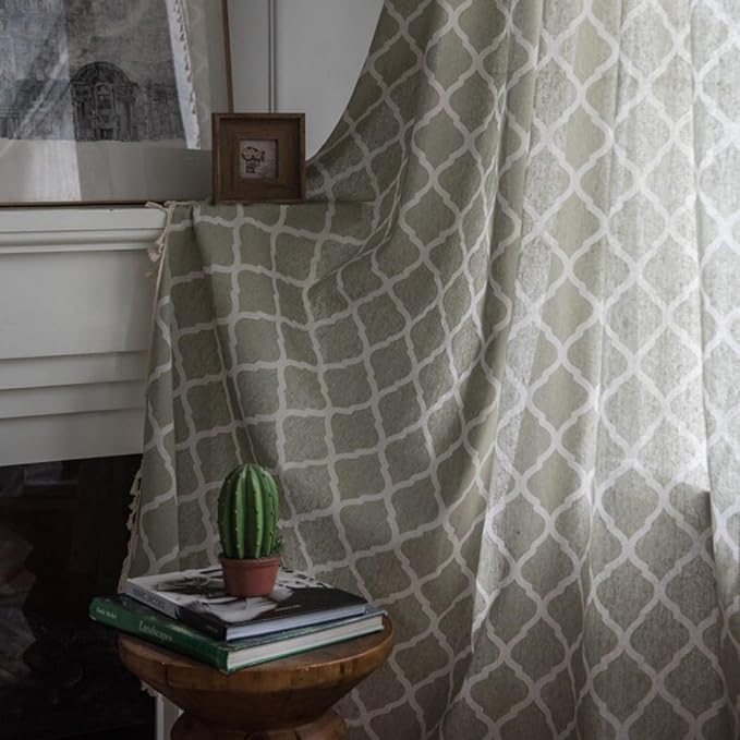 Huesland Cotton Curtains for Windows, 5 Feet Long 1 Bohemian Eyelet Curtain | Quatrefoil Dessert Sage