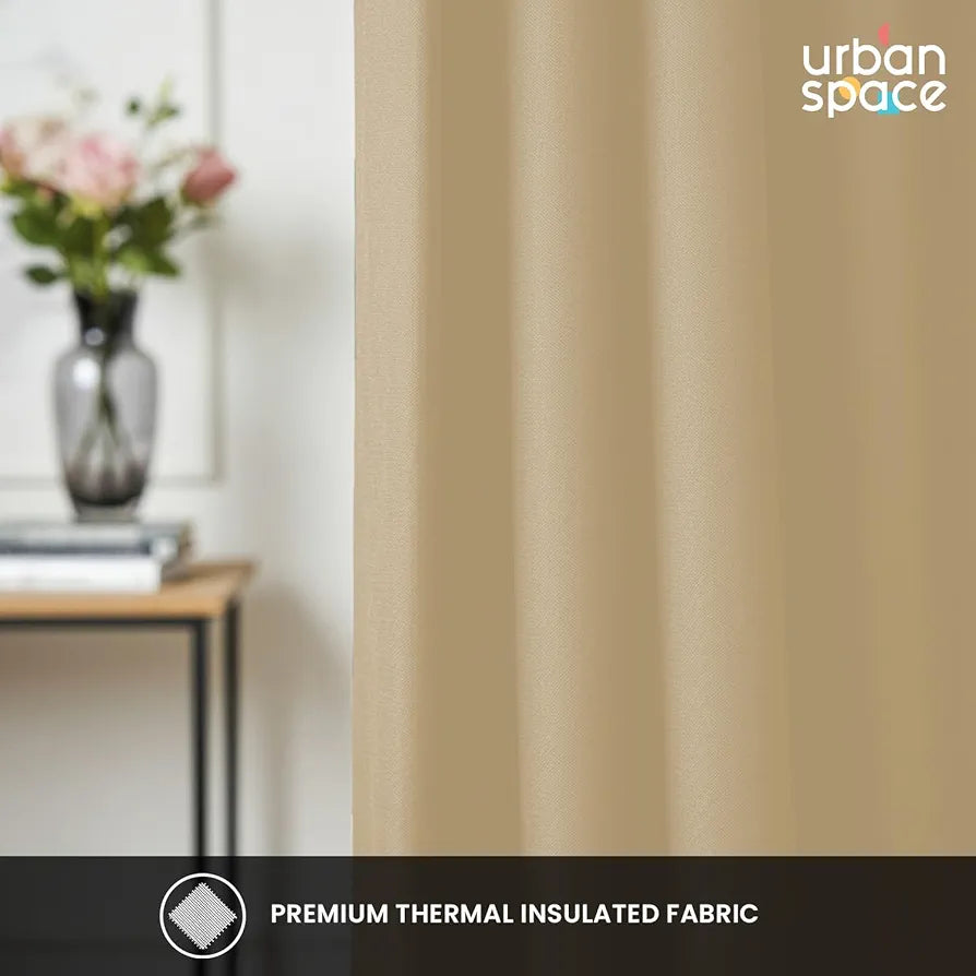 Urban Space Blackout Curtains for Window 5 Feet Set of 2, Thermal Insulated Curtains with Eyelets and Tiebacks, Solid Curtain Soft Beige Colour