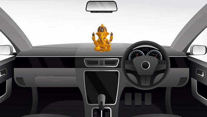 Gold Art India Handcrafted Mango Terracotta Ganesha with Golden Jewelry for Car Dashboard Home Office Decor