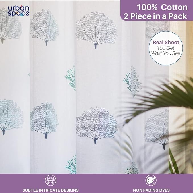 Urban Space Cotton Curtains 7 feet for Door Set of 2 with Stainless Steel Rings and TieBack (Colour Trees Green)