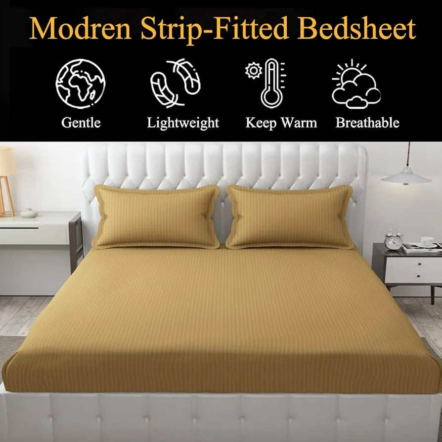 Fresh From Loom 240 Tc Satin Striped King Size Soft Fitted Bedsheet with Two Pillow Cover Elastic Light Brown