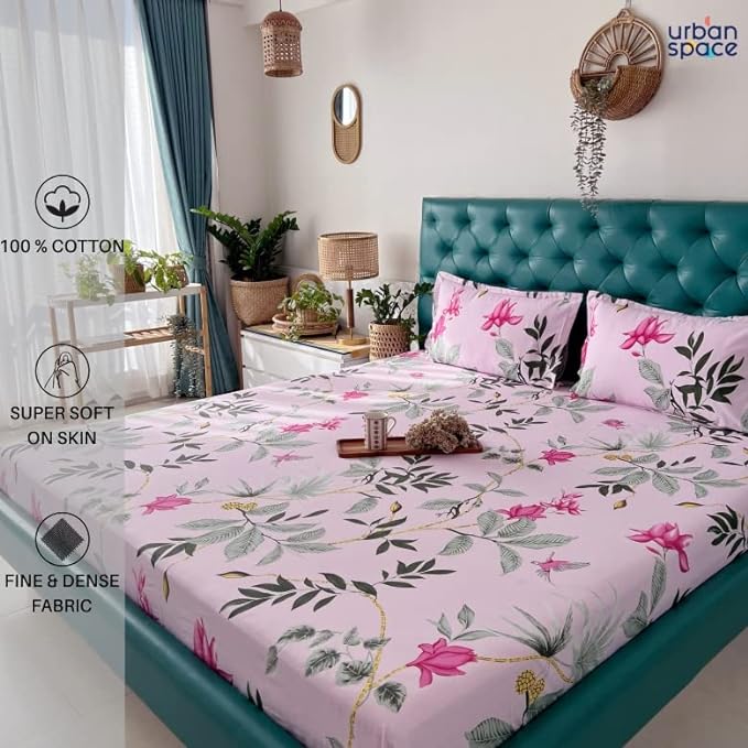 Urban Space Serene Cotton Bedsheet for Double Bed 2 Pillow Covers (Colour Bloom ray Rose Pink)