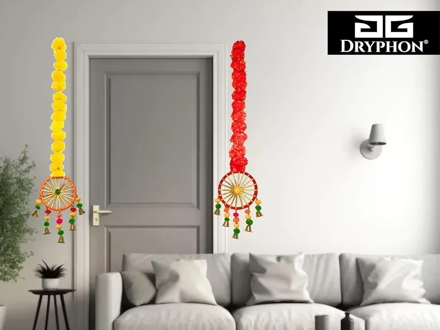 Artificial Marigold Flowers for Decoration with Pom Pom Ring Bell Hanging Yellow Orange