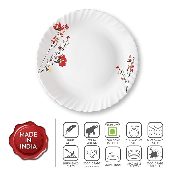 Larah by Borosil Opalware Full Plate | 11 Inch | Set of 6 | Red & White