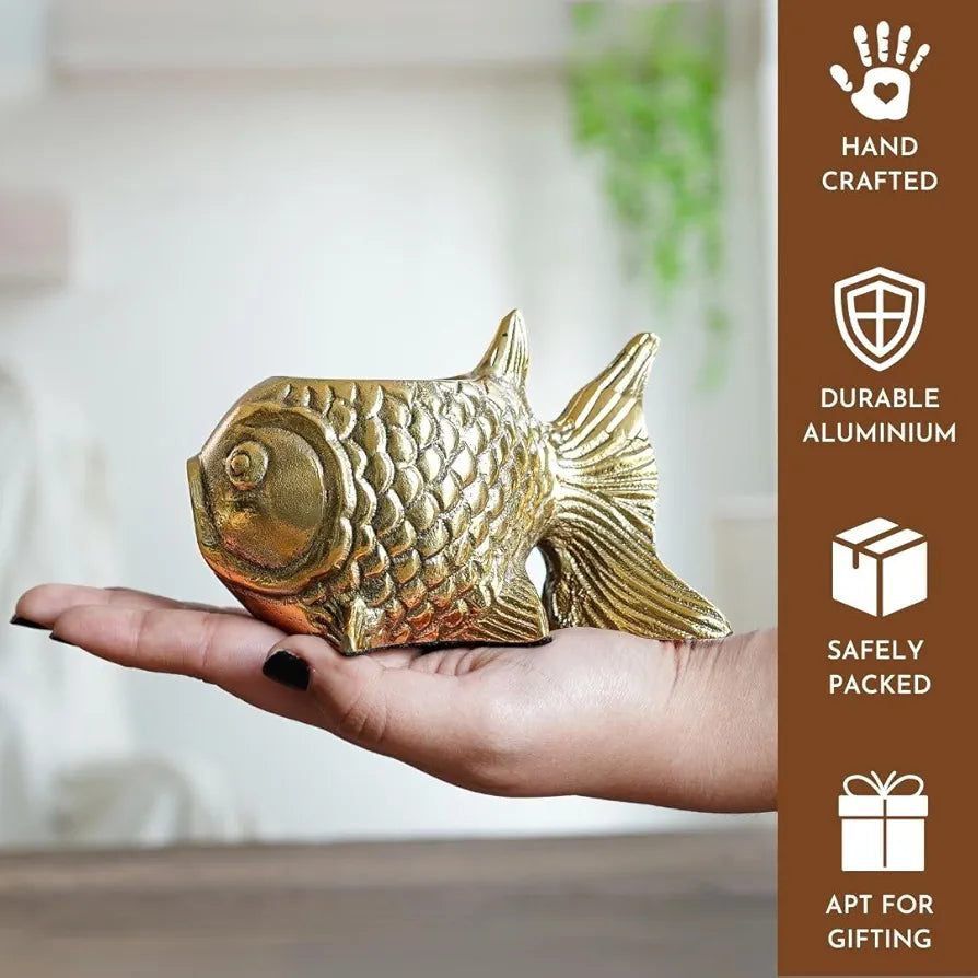 BEHOMA Aluminium Fish Figurine for Good Luck and Success | Candle Holder for Home Dcor Tabletop Living Room | Showpiece for Valentine's Day, Birthday , Gold