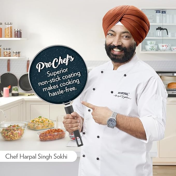 Borosil Prochef Non-stick Aluminum Flat Tawa 25 Cm | Gas Stove Compatible | Thick Uniform Body for Even Heating | Dishwasher Safe