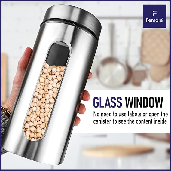 Femora Kitchen Storage Jars Steel Body With See Through Window Jar | 1300 Ml | Set of 2
