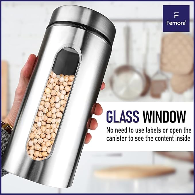 Femora Kitchen Storage Jars Steel Body With See Through Window Jar | 1300 Ml | Set of 4
