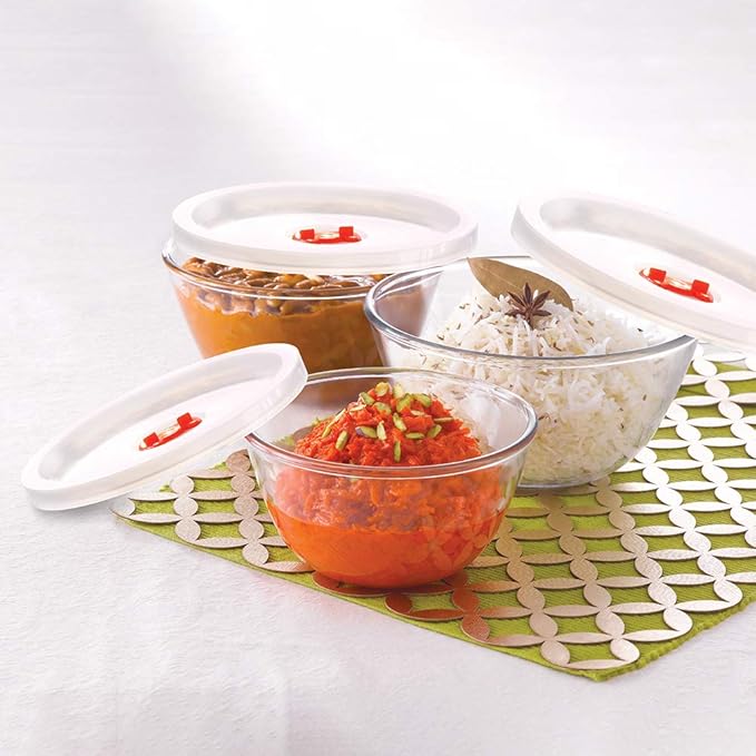 Borosil Glass Mixing & Serving Bowls With Lids | Oven & Microwave Safe Bowls | Set of 3