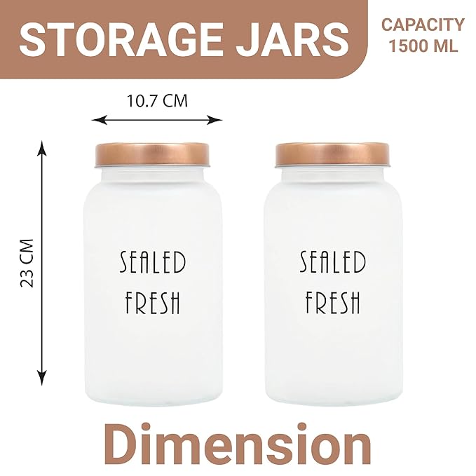 Femora Kitchen Storage Jars Frosted Glass Jar With Steel Lid Air Tight Jar | 1500 Ml | Pack of 6 | Golden Lid