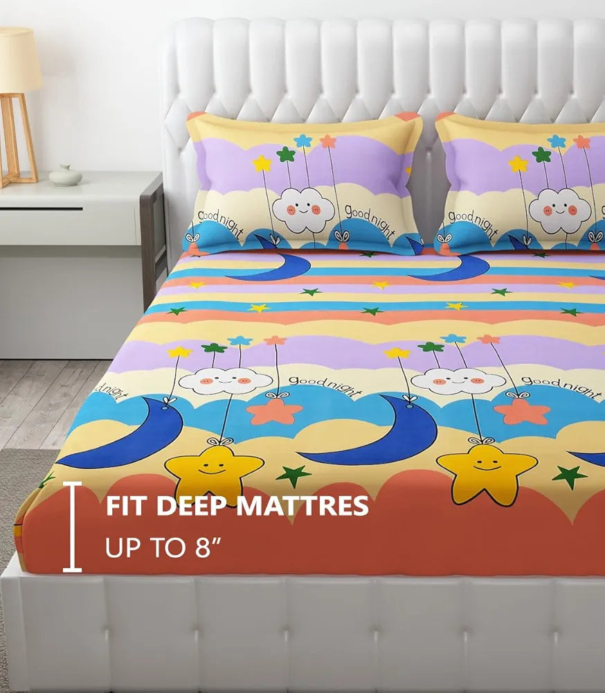 Fresh From Loom Animal 300 TC Elastic Fitted Bedsheet for Kids with Two Pillow Cover Moon Gud Night Queen Gud Night Multi Color