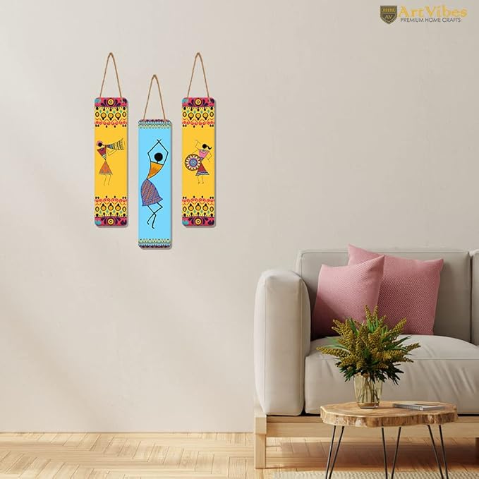 Artvibes African Warli Art Designer Wooden Wall Hanging Decoration Items for Home | Set of 3