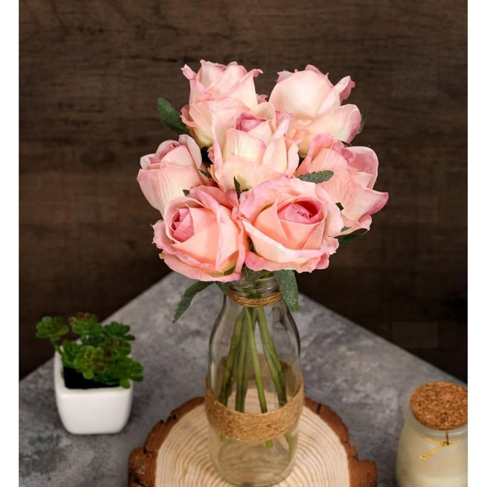 Satyam Kraft 7 Pcs Artificial Rose Stick Flower Bunch for Home Decoration and Craft Corner Light Pink