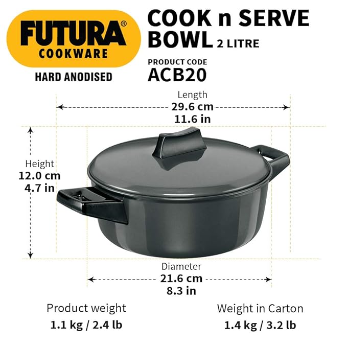 Hawkins Futura 2 Litre Cook n Serve Bowl Hard Anodised Saucepan with Hard Anodised Lid