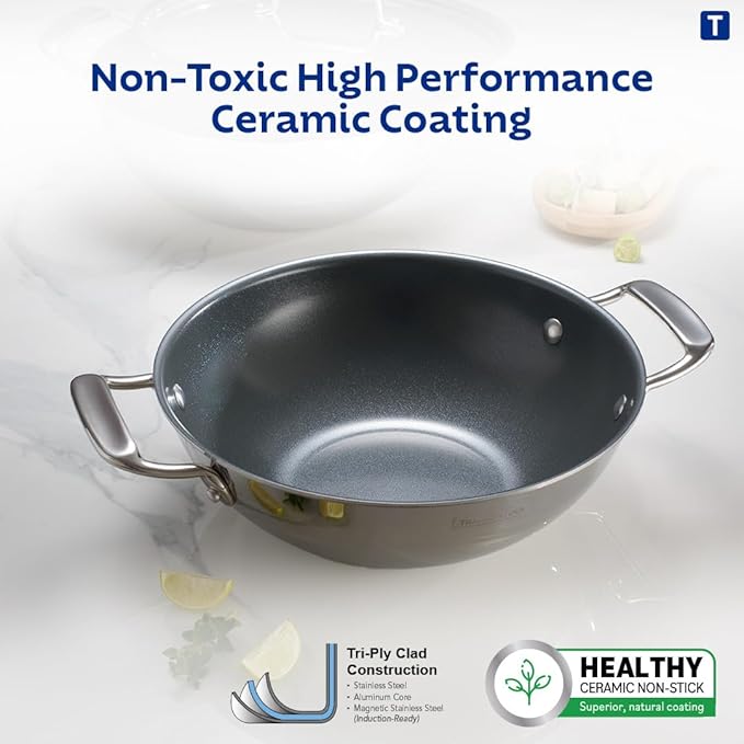 Tramontina Fusao Healthy Triply Ceramic 24cm/2.6L Kadai with SS 304 lid