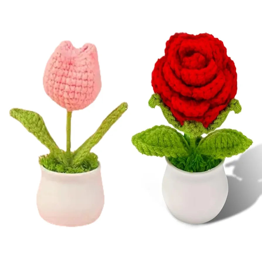 Handmade Crochet Flower Pot Rose and Tulip Artificial Flower Knitted Flower
