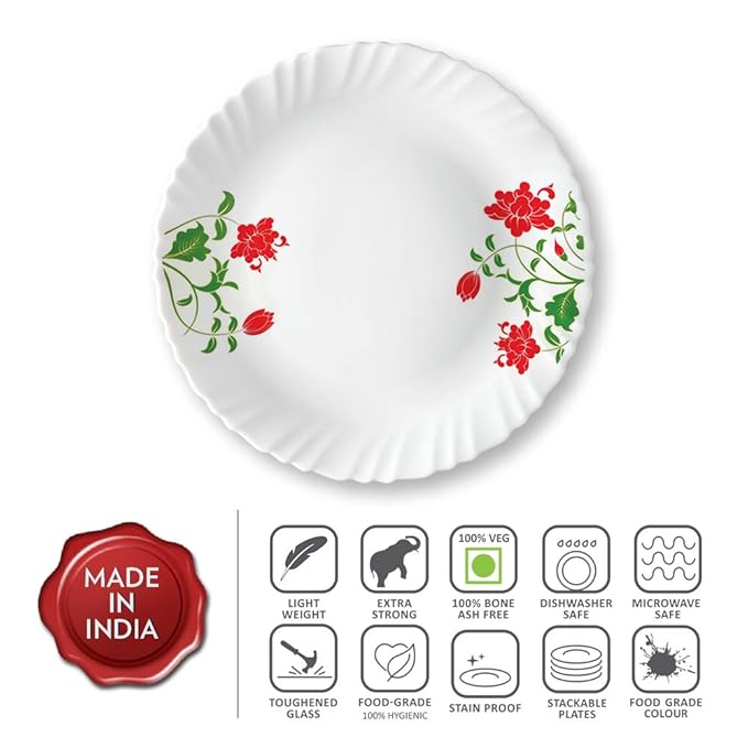Larah by Borosil Hazel, Opalware Full Plate | 11 Inch | White | Set of 6