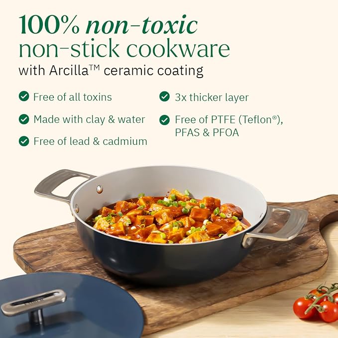 Ember Cookware Arcilla Ceramic Non Stick Kadai 24cm | Metallic Lid | Stainless Steel Handles | Grey