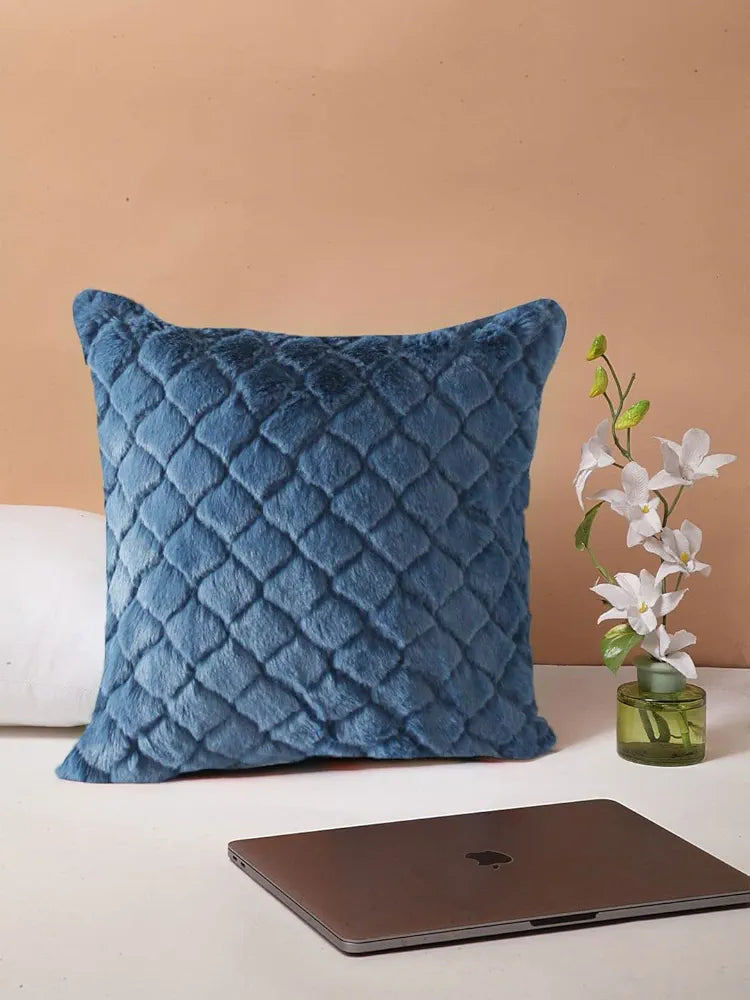 Luxe Home Cushion Cover Duble Side Rabbit Fur Diamond Design Covers Set of 2 Colour Blue