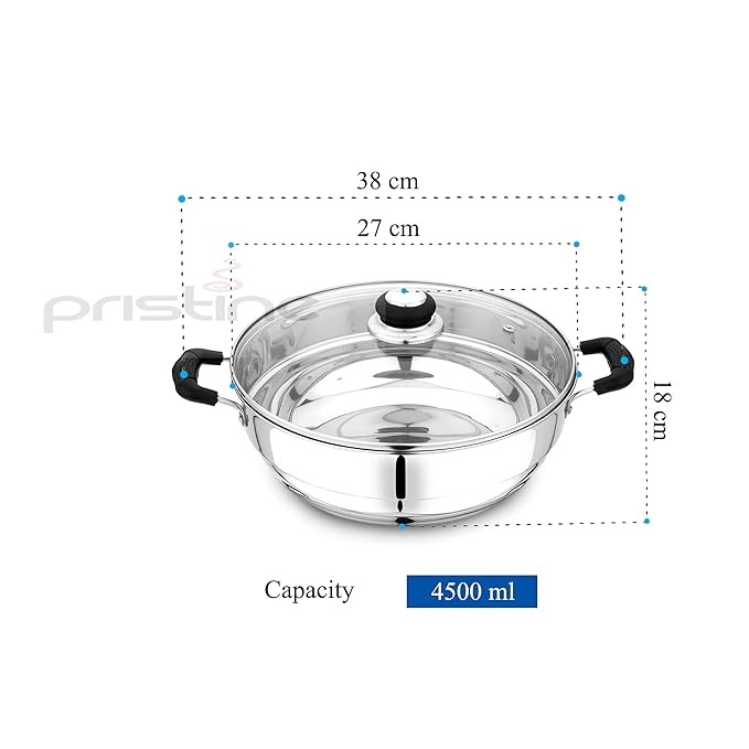Pristine Stainless Steel Try Ply Induction Base Multi-Purpose Kadai with Lid and 5 Plates 2 Idli Plates 2 Dhoklas Patra Plates