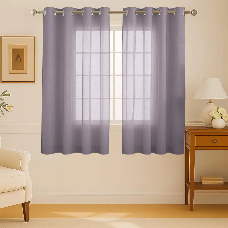 Cloth Fusion Plain Cotton Feel Sheer Window Curtains 5 Feet Long Set of 2 Semi-Transparent Lavender