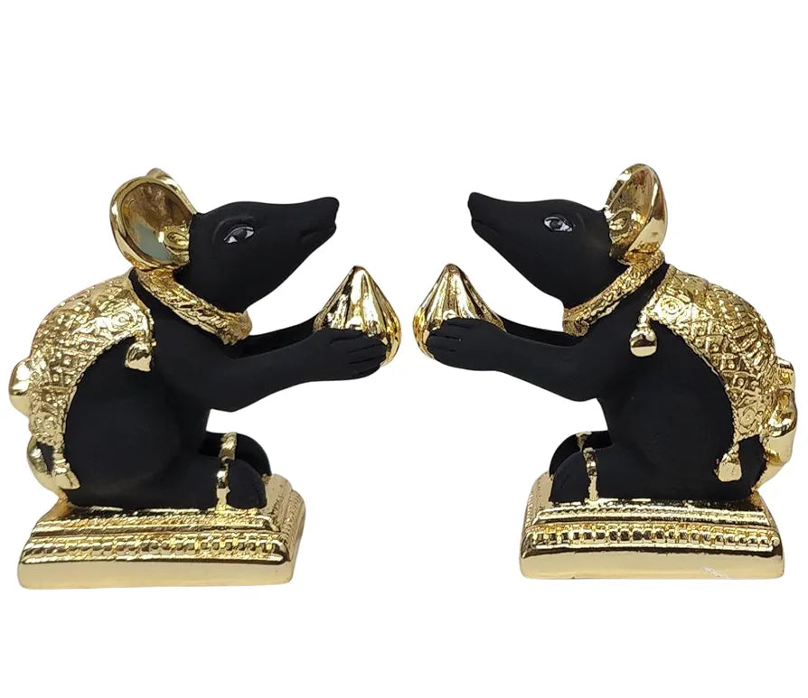Gold Art India Gold-Plated Mushak  Mouse Pair with Modak Black Terracotta Finish