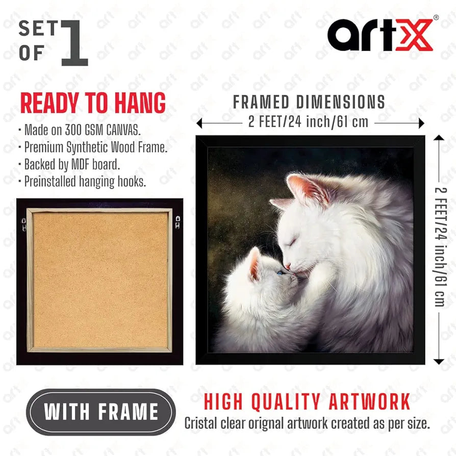 ArtX Mom Cat Family Big Canvas Painting For Bedroom and Living Room With Frame