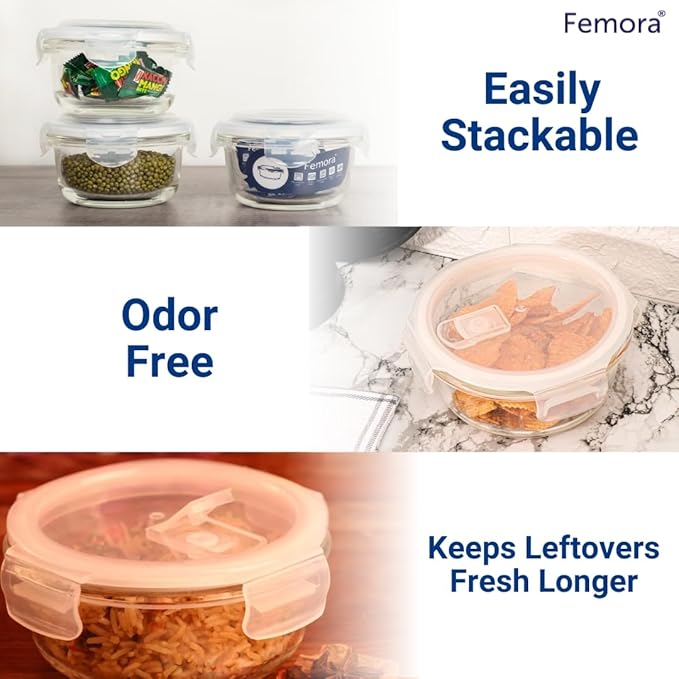 Femora Borosilicate Glass Containers for Kitchen | Storage Box for Kitchen With Air Vent Lid | Set of 3 | 240 Ml